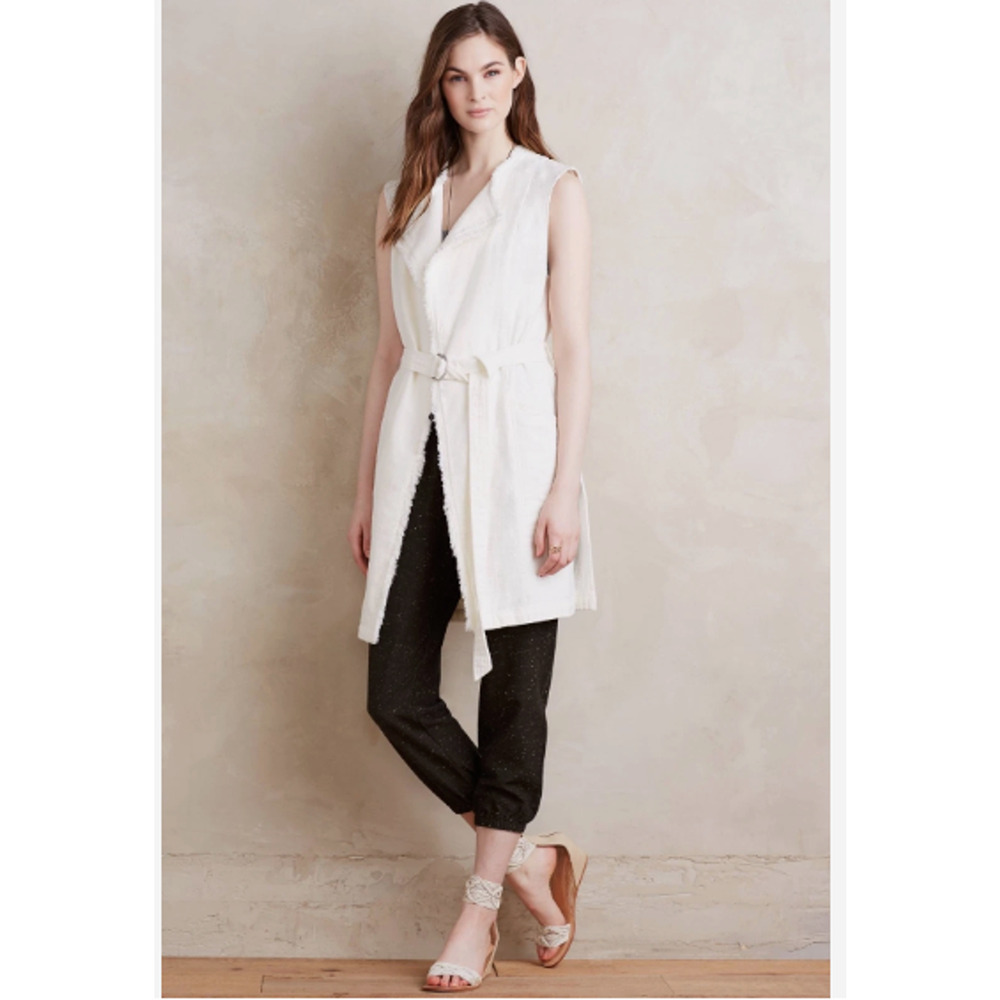 Anthropologie Elevenses Luna Belted Vest Womens Sz S White Frayed Raw Edge